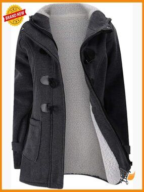 Womens Fleece Coat with Hood Winter Warm Jacket Horn Button